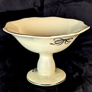 Vintage Teleflora Ivory Compote Pedestal Candy Dish Bowl With Gold Gilt Ribbons